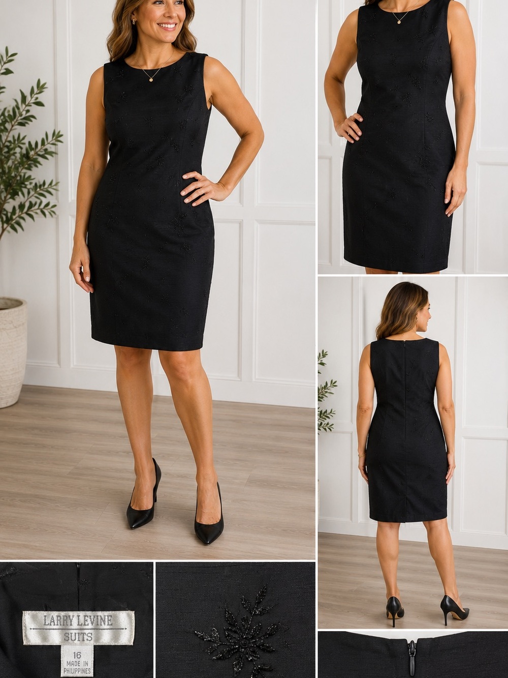 Larry Levine Black Embroidered Sheath Dress Women’s Size 16 Sleeveless